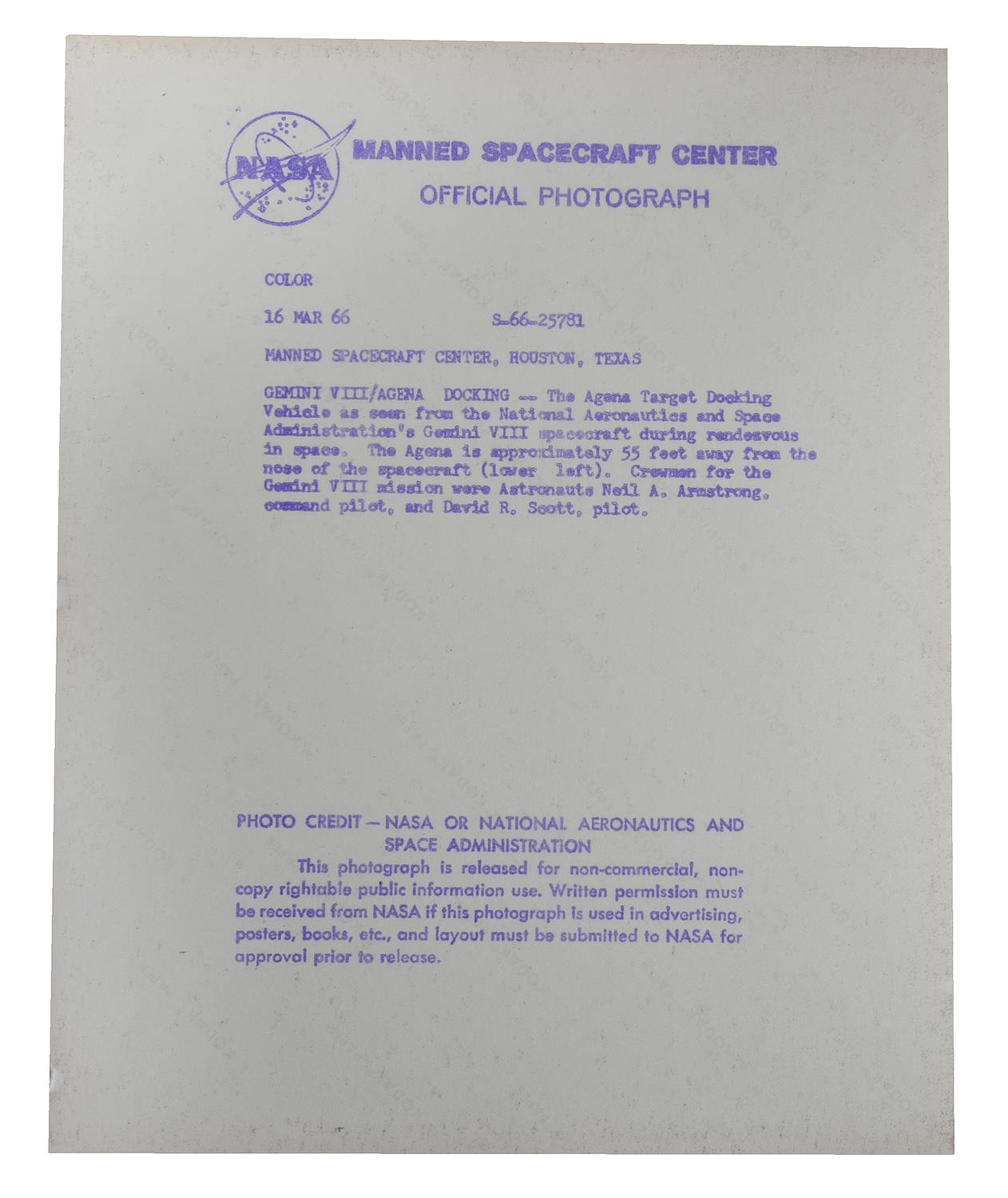 Four views of the Agena Target Docking Vehicle at a decreasing distance, Gemini 8, March 1966 - Image 7 of 9