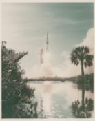 Views of the liftoff and newsmen watching the launch to the Moon, Apollo 15, July 1971