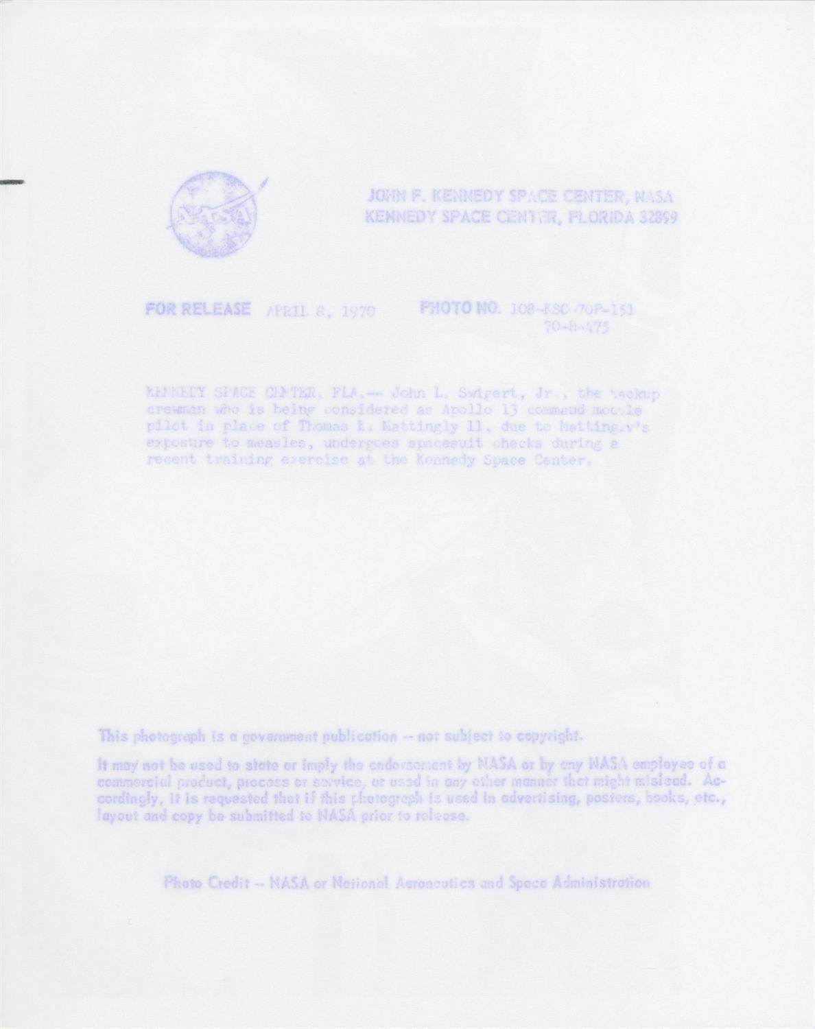 Prime Apollo 13 crew preparing for their mission [four views], Apollo 13, September 1969-April 1970 - Image 9 of 9