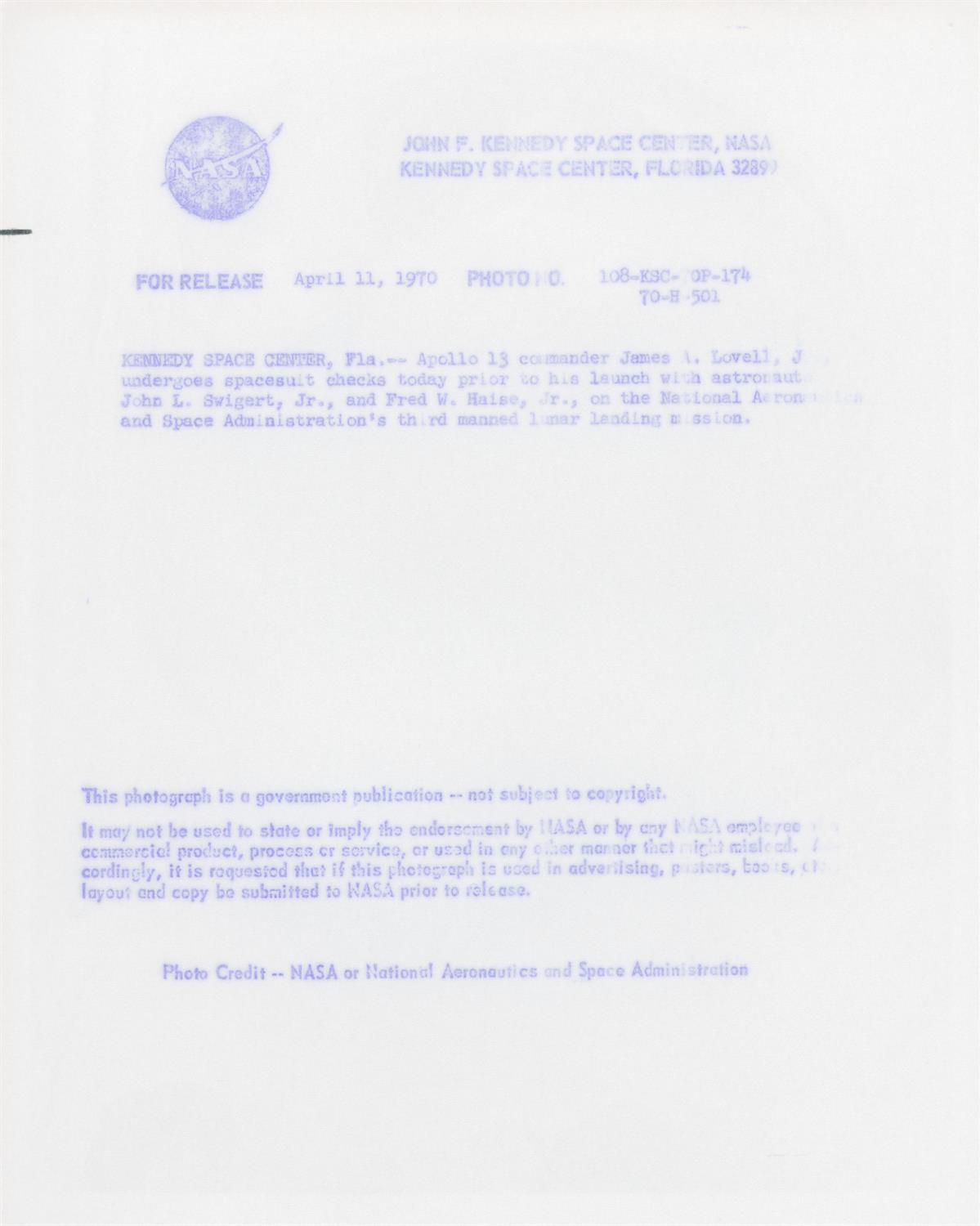 Prime Apollo 13 crew preparing for their mission [four views], Apollo 13, September 1969-April 1970 - Image 7 of 9