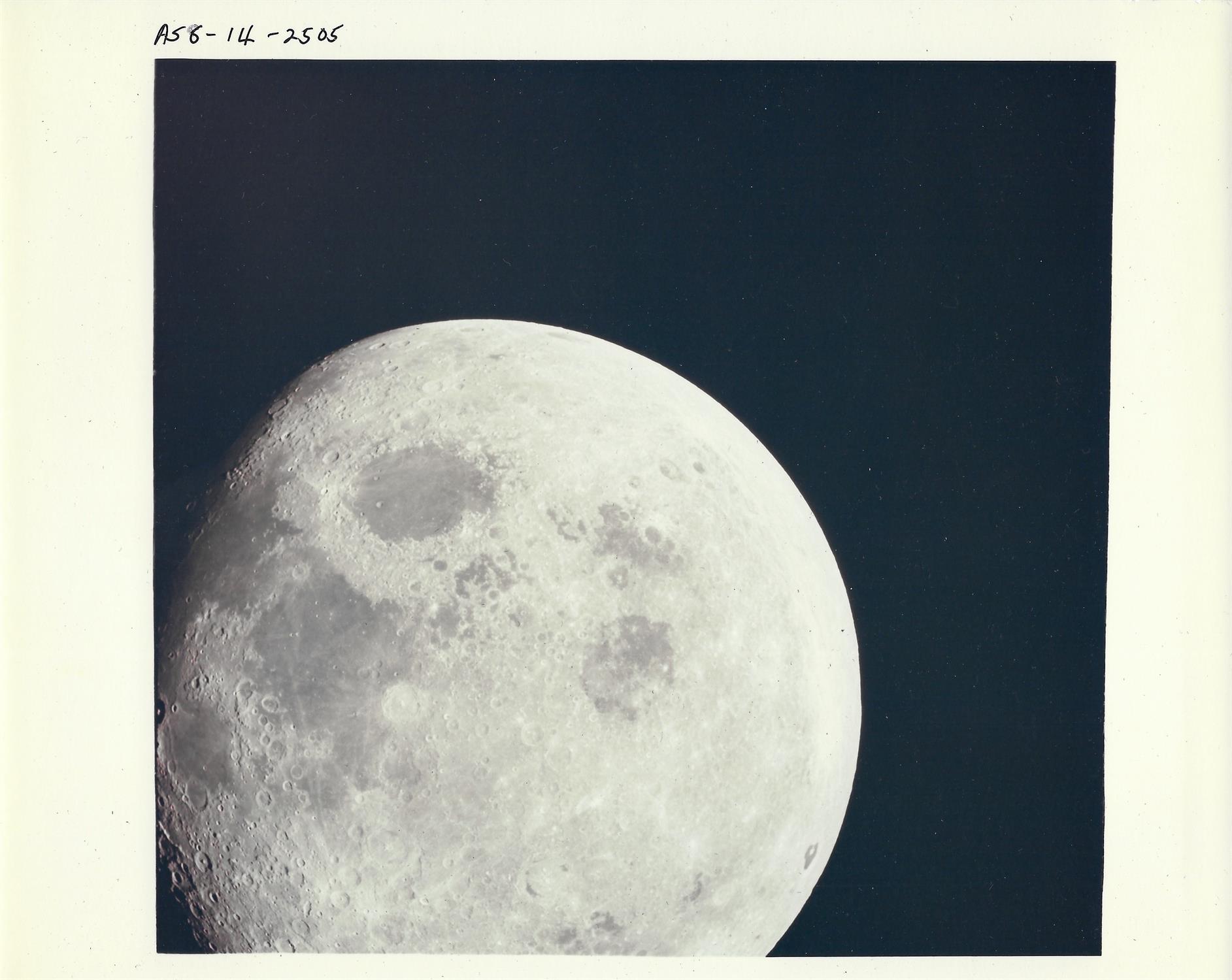 Nearly full Moon from a perspective not visible to terrestrial viewers, Apollo 8, December 1968