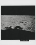 Moonscape at Tranquility Base with a shadow of the Lunar Module, Apollo 11, July 1969