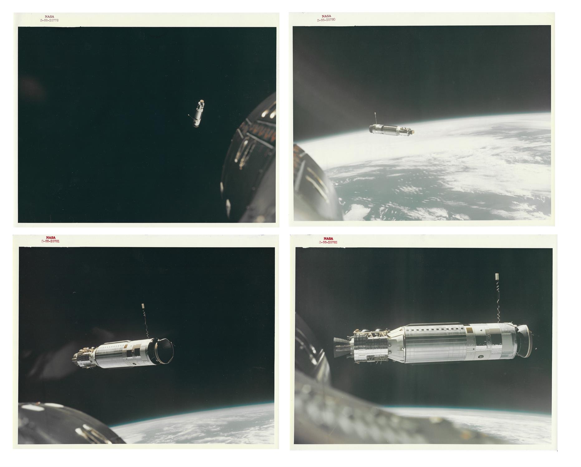 Four views of the Agena Target Docking Vehicle at a decreasing distance, Gemini 8, March 1966