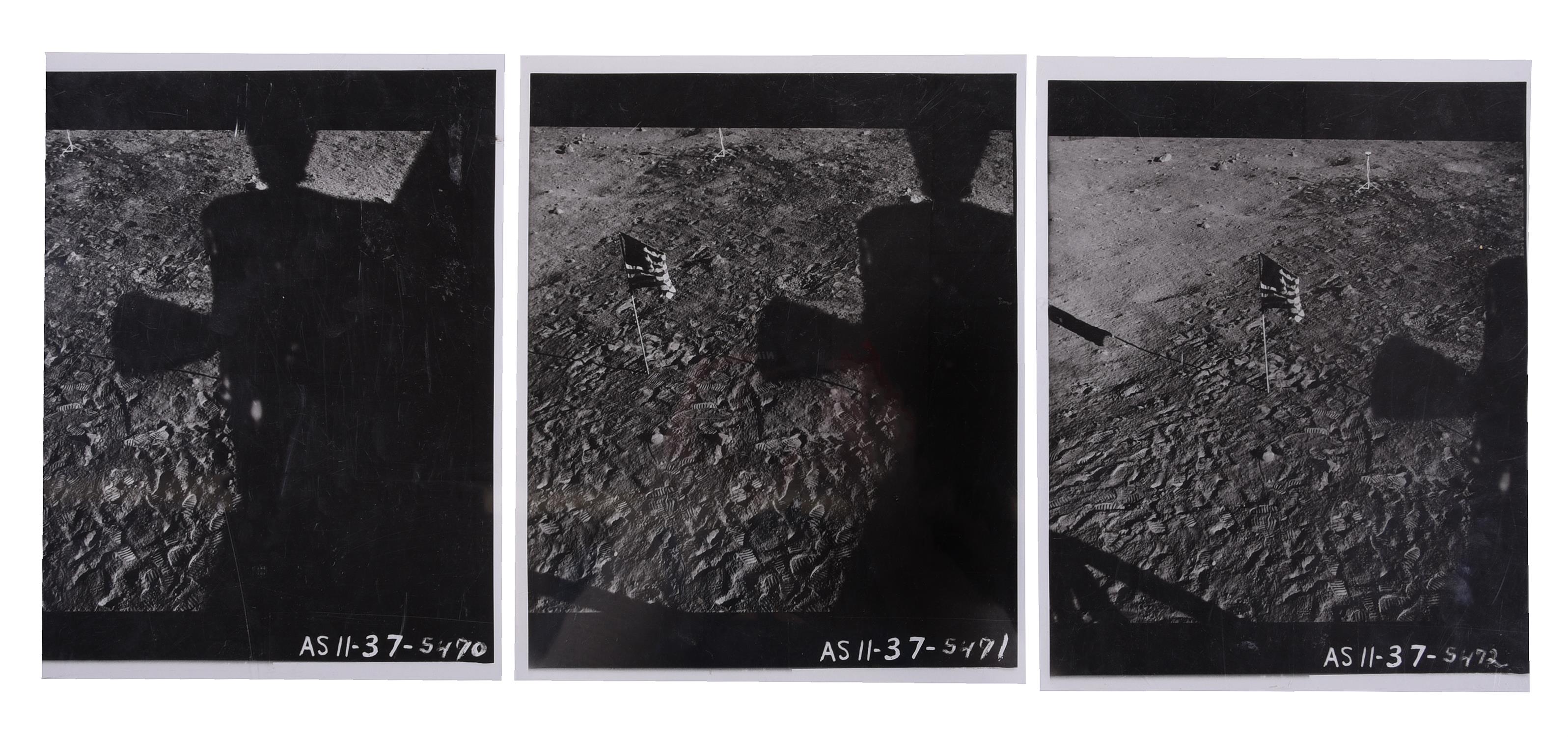 Photographic sequence from the LM showing the US flag surrounded by footprints, Apollo 11, July 1969