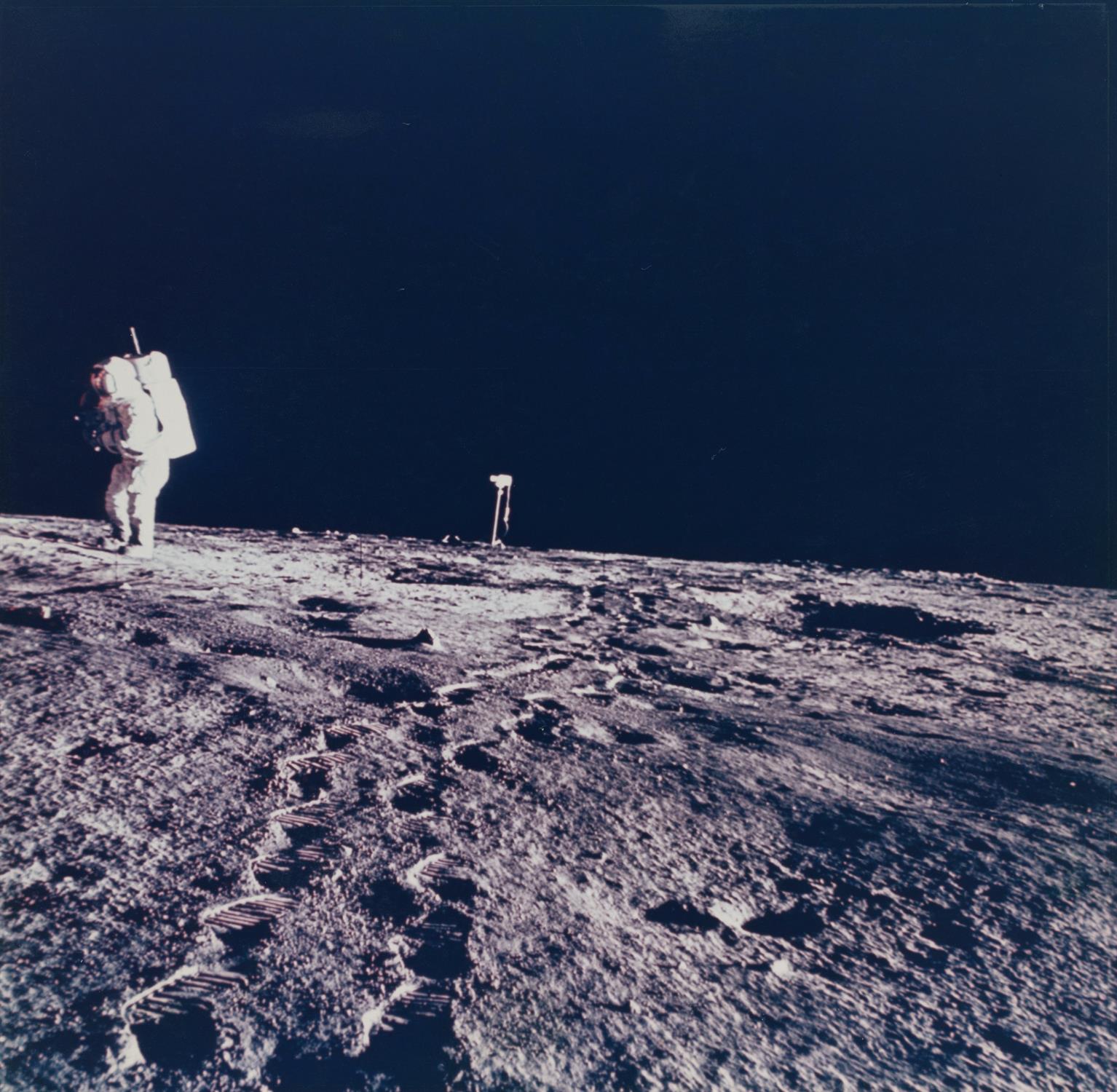 Diptych: the footpad of the LM and Alan Bean photographing the LM, Apollo 12, November 1969, EVA 1 - Image 2 of 5