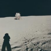 LM 'Eagle' from Little West Crater, the farthest point reached on the EVA, Apollo 11, July 1969
