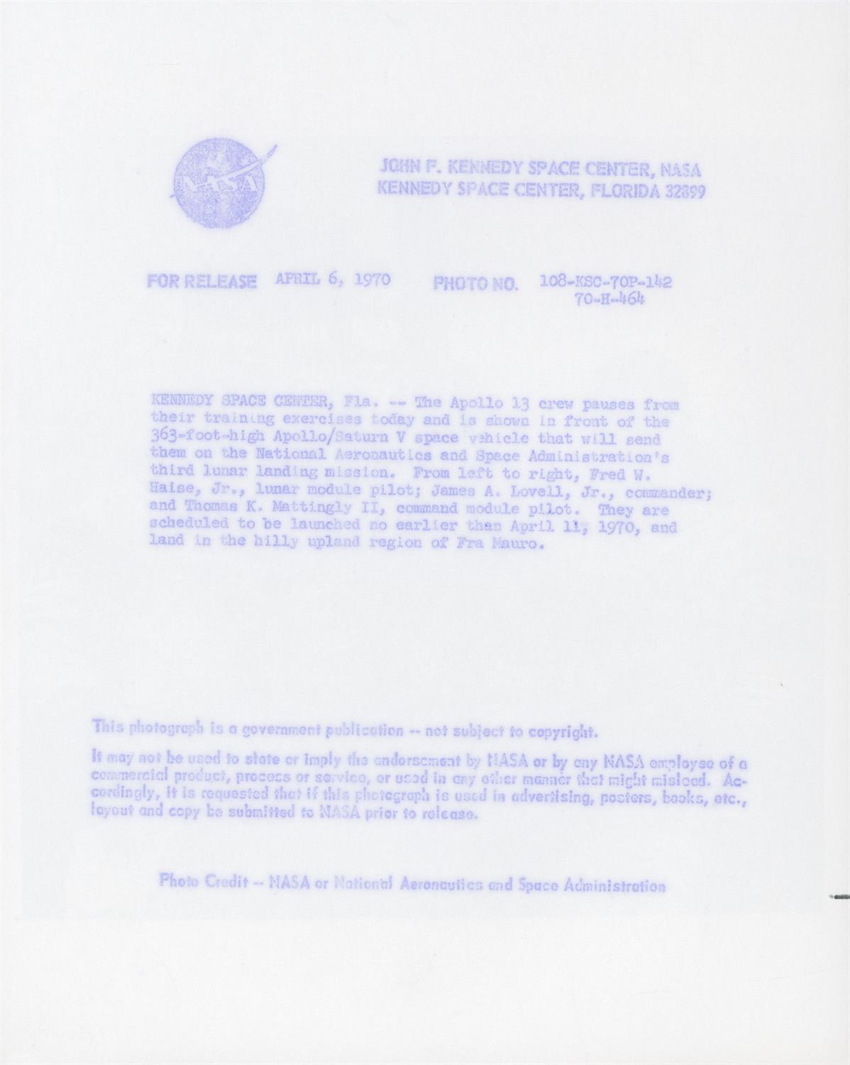 Prime Apollo 13 crew preparing for their mission [four views], Apollo 13, September 1969-April 1970 - Image 3 of 9