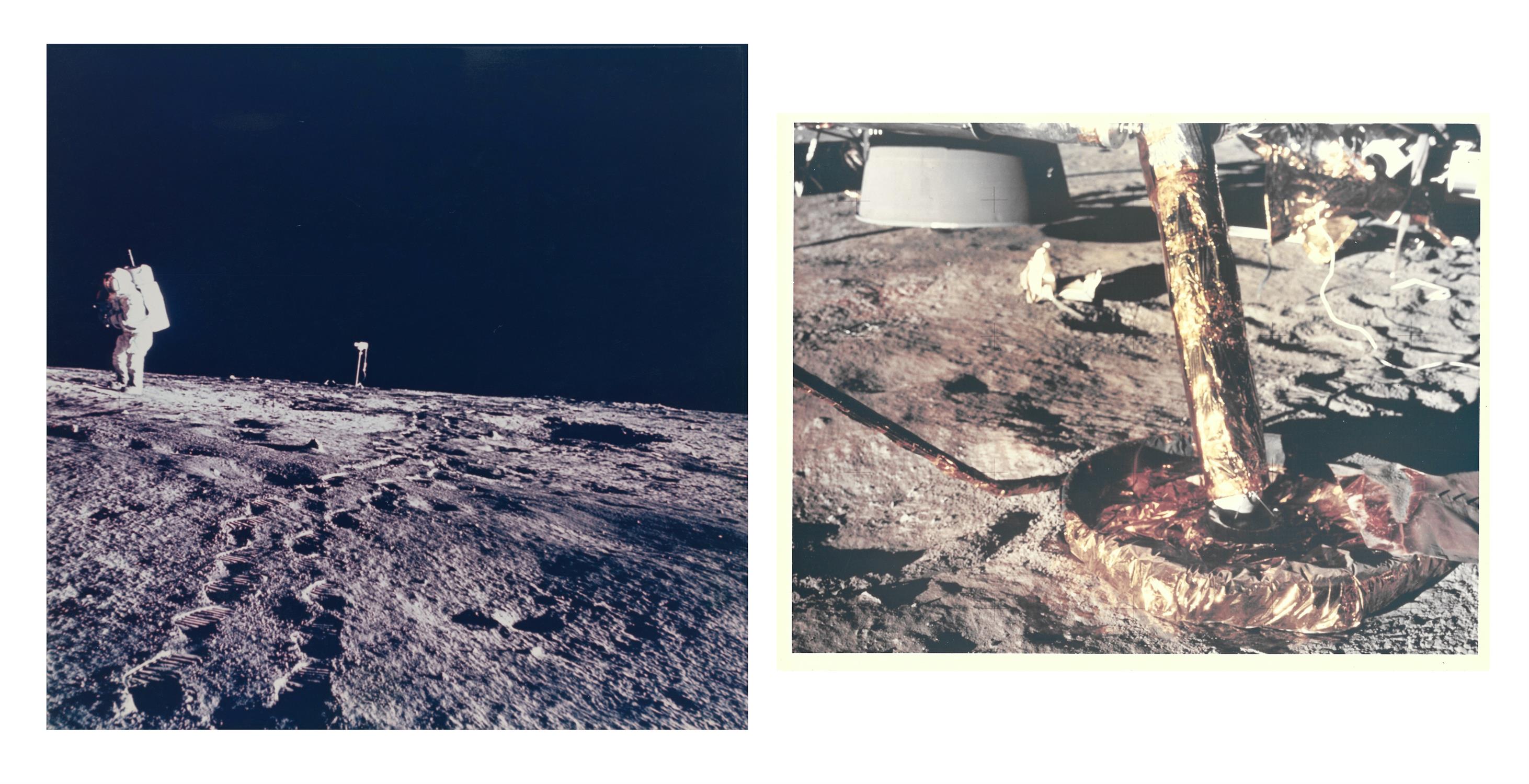 Diptych: the footpad of the LM and Alan Bean photographing the LM, Apollo 12, November 1969, EVA 1