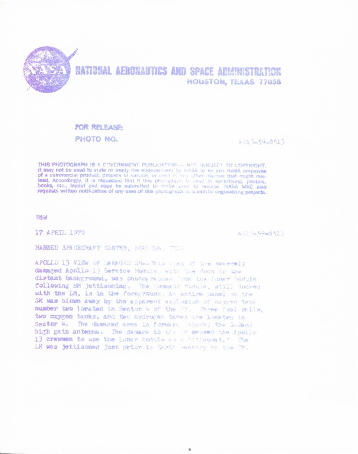 Views of the damaged spacecraft after the oxygen tank explosion [four views], Apollo 13, April 1970 - Image 5 of 9