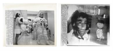 Views of the crew with Snoopy and Charlie Brown mascots, Apollo 10, May 1969