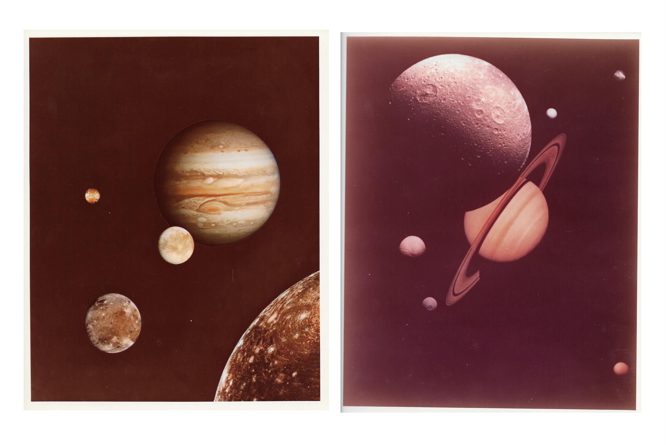 Two composite images of Jupiter and Saturn with their moons, Voyager 1, 1979