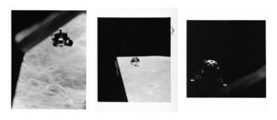 Three views of LM 'Snoopy' and CM 'Charlie Brown' in Moon's orbit, Apollo 10, May 1969