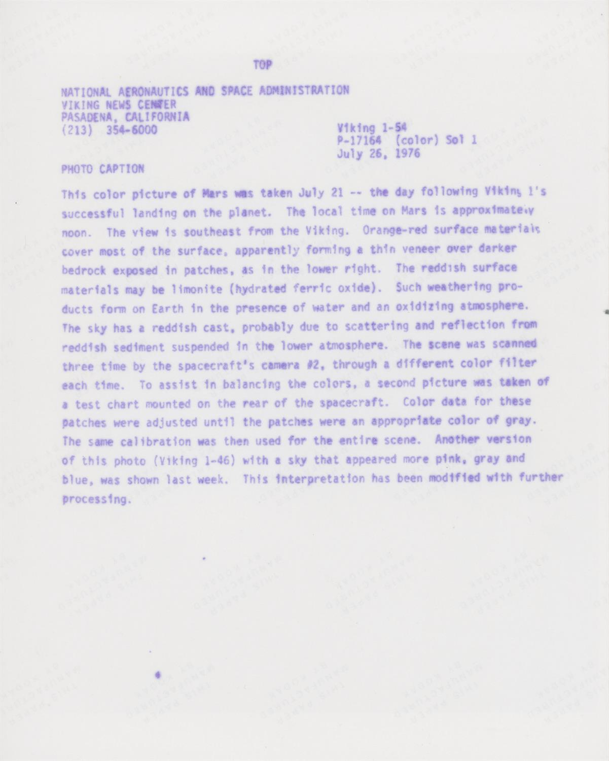 The historic first colour photograph taken on the surface of Mars, the Red Planet, 21 July 1976 - Image 2 of 2