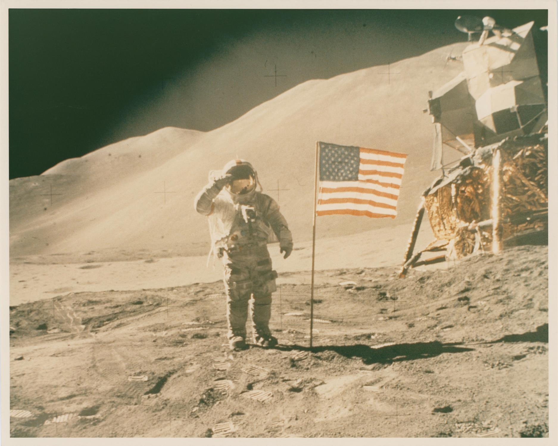 David Scott saluting the American flag, Apollo 15, July-August 1971, EVA 3