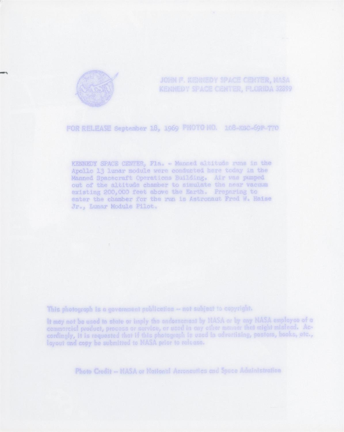 Prime Apollo 13 crew preparing for their mission [four views], Apollo 13, September 1969-April 1970 - Image 5 of 9