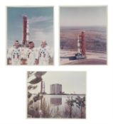 Portrait of the crew and two views of the spacecraft on the launch pad, Apollo 10, March-May 1969