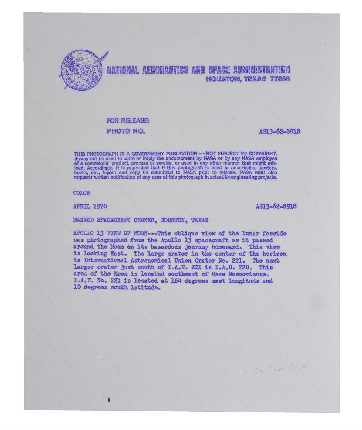 Five views of the far side of the Moon taken during the homeward journey, Apollo 13, April 1979 - Image 3 of 11