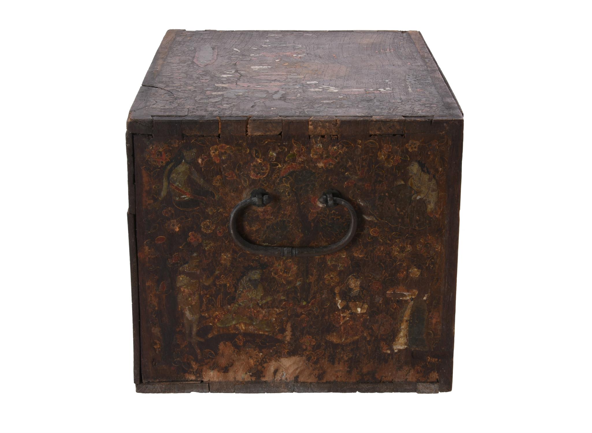 An Indo-Portuguese painted hardwood and metal mounted table top casket - Image 6 of 8