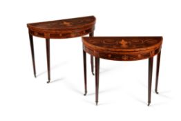 Y A pair of George III mahogany and marquetry inlaid demi-lune folding card tables