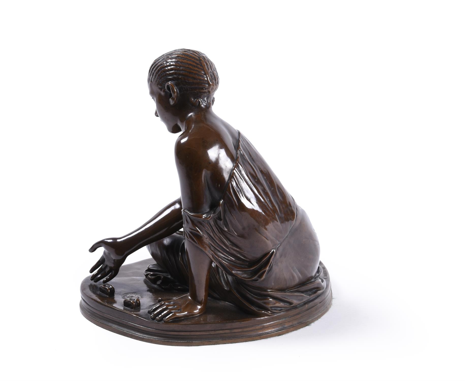 A French patinated bronze model of a young girl playing with marbles, Ferdinand Barbedienne - Image 9 of 9