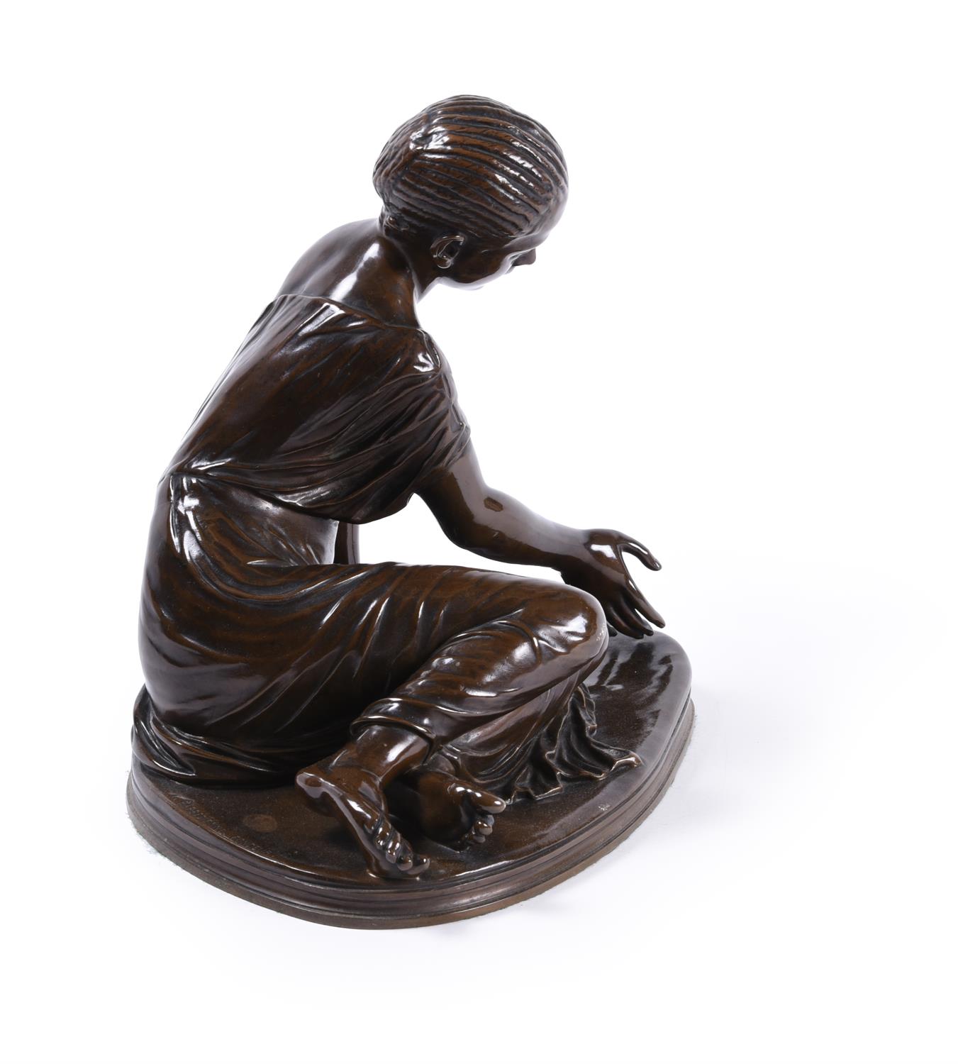 A French patinated bronze model of a young girl playing with marbles, Ferdinand Barbedienne - Image 7 of 9