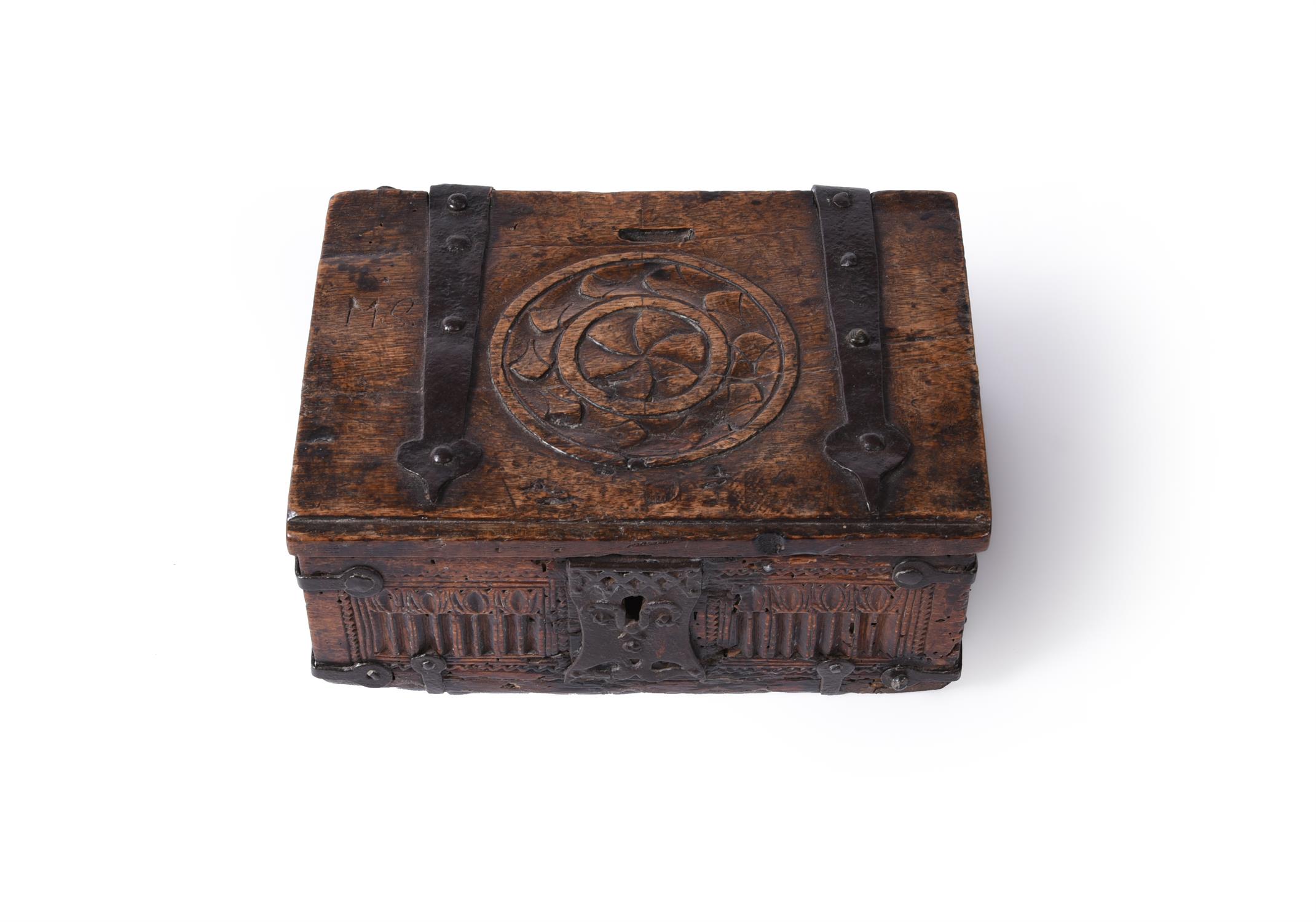 A North European carved oak and wrought iron bound offertory or alms box, 17th century - Image 8 of 10