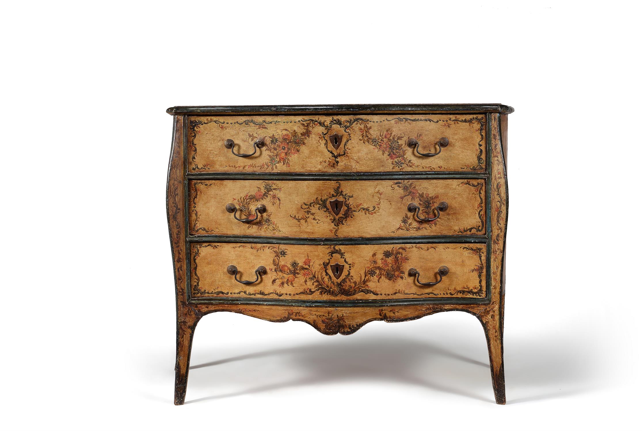 An Italian polychrome painted serpentine commode, circa 1780