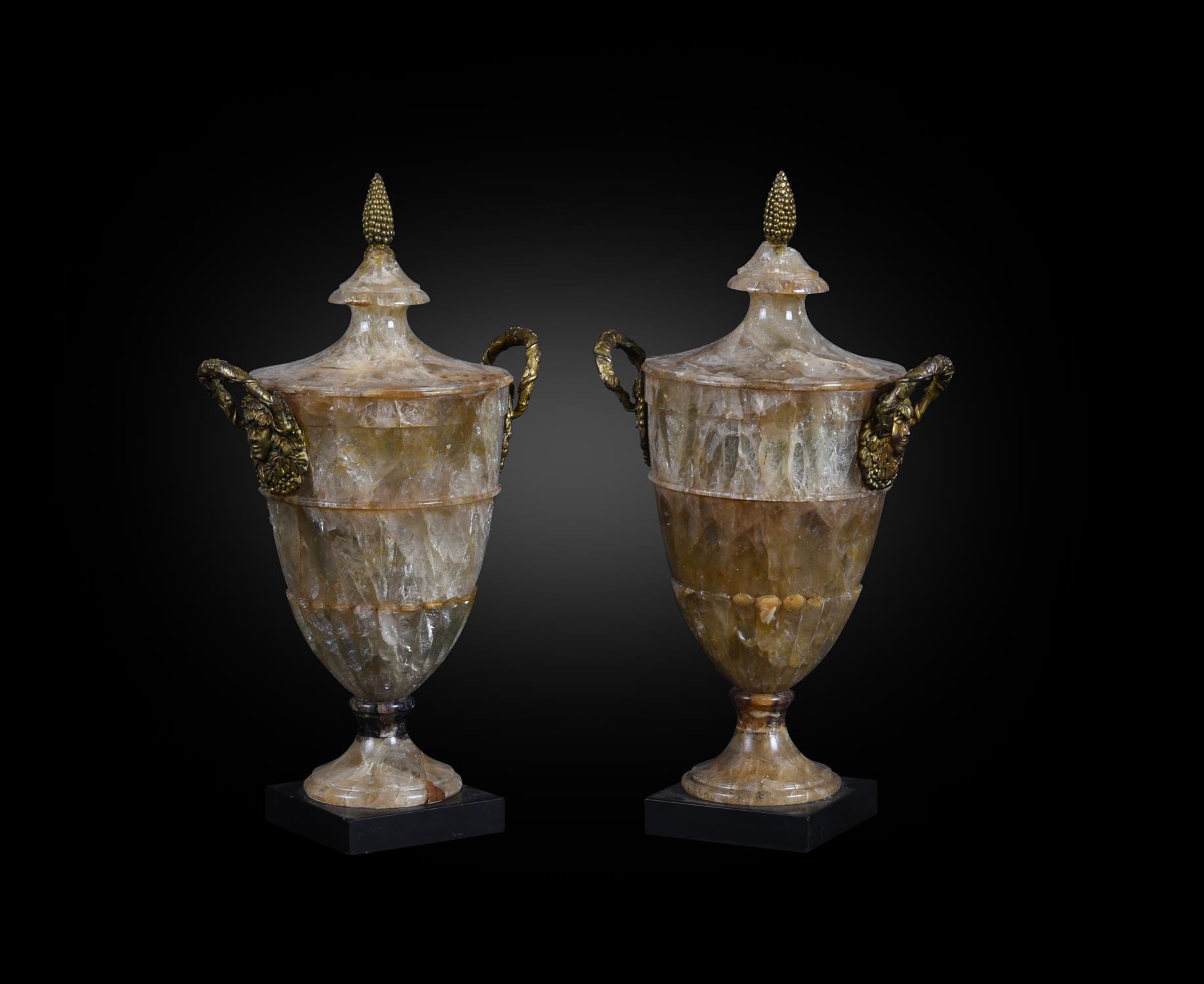 A pair of unusual fluorspar, Blue John and gilt metal mounted ornamental urns, 19th century