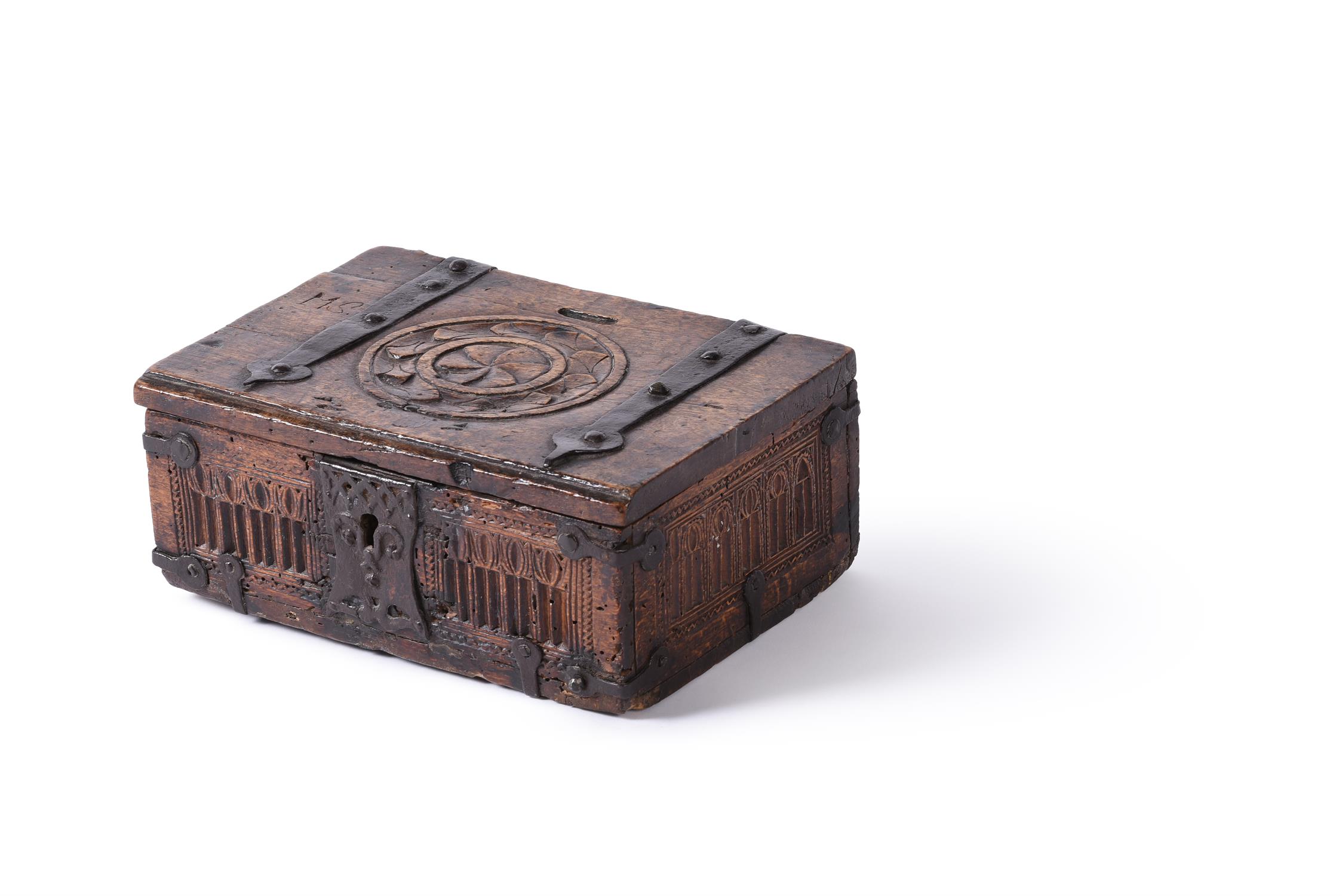 A North European carved oak and wrought iron bound offertory or alms box, 17th century - Image 6 of 10