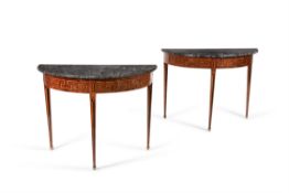 Y A pair of Italian walnut, ebonised and tulipwood inlaid demi-lune console tables