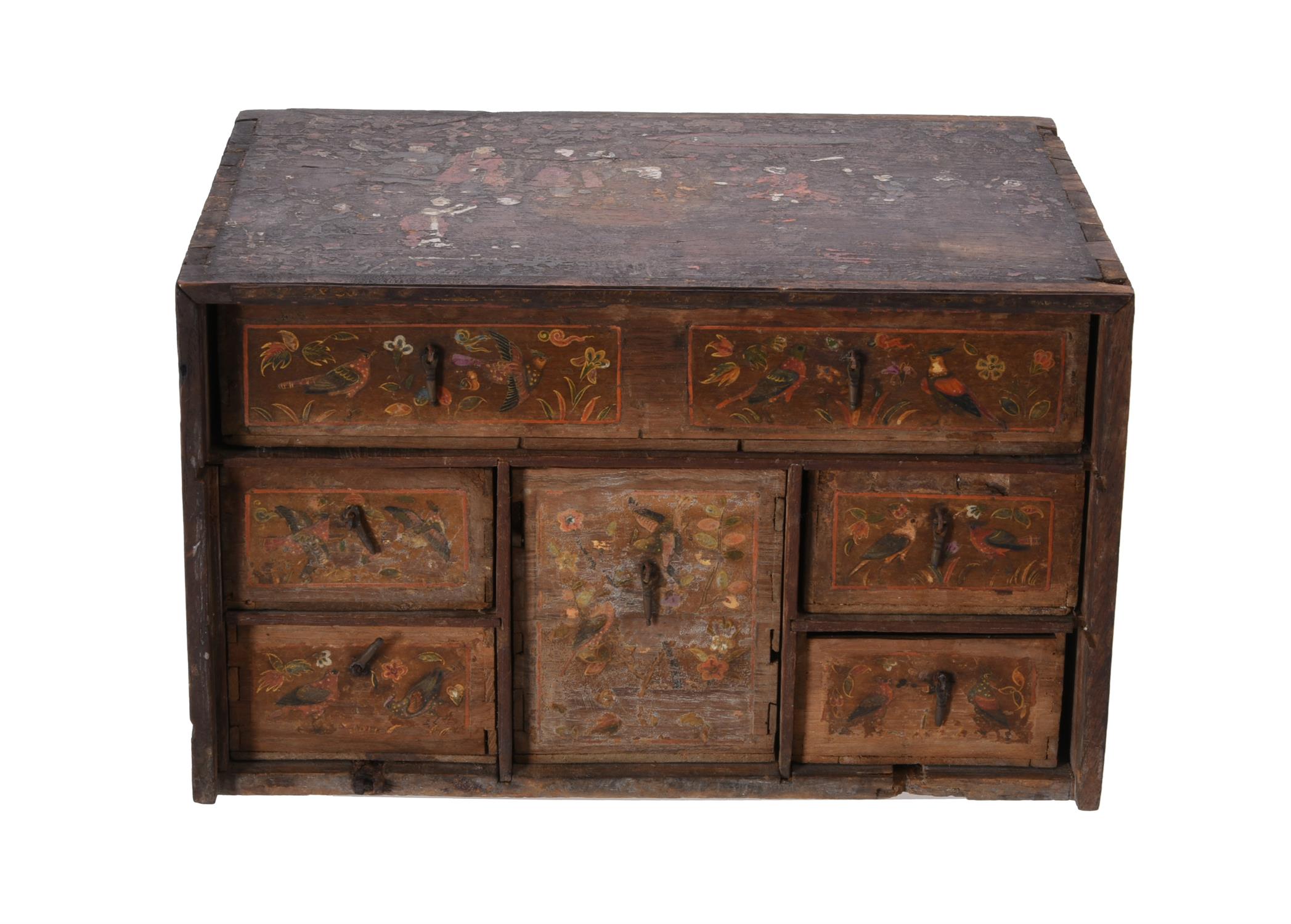 An Indo-Portuguese painted hardwood and metal mounted table top casket - Image 3 of 8