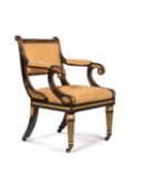 A Regency ebonised and parcel gilt open armchair