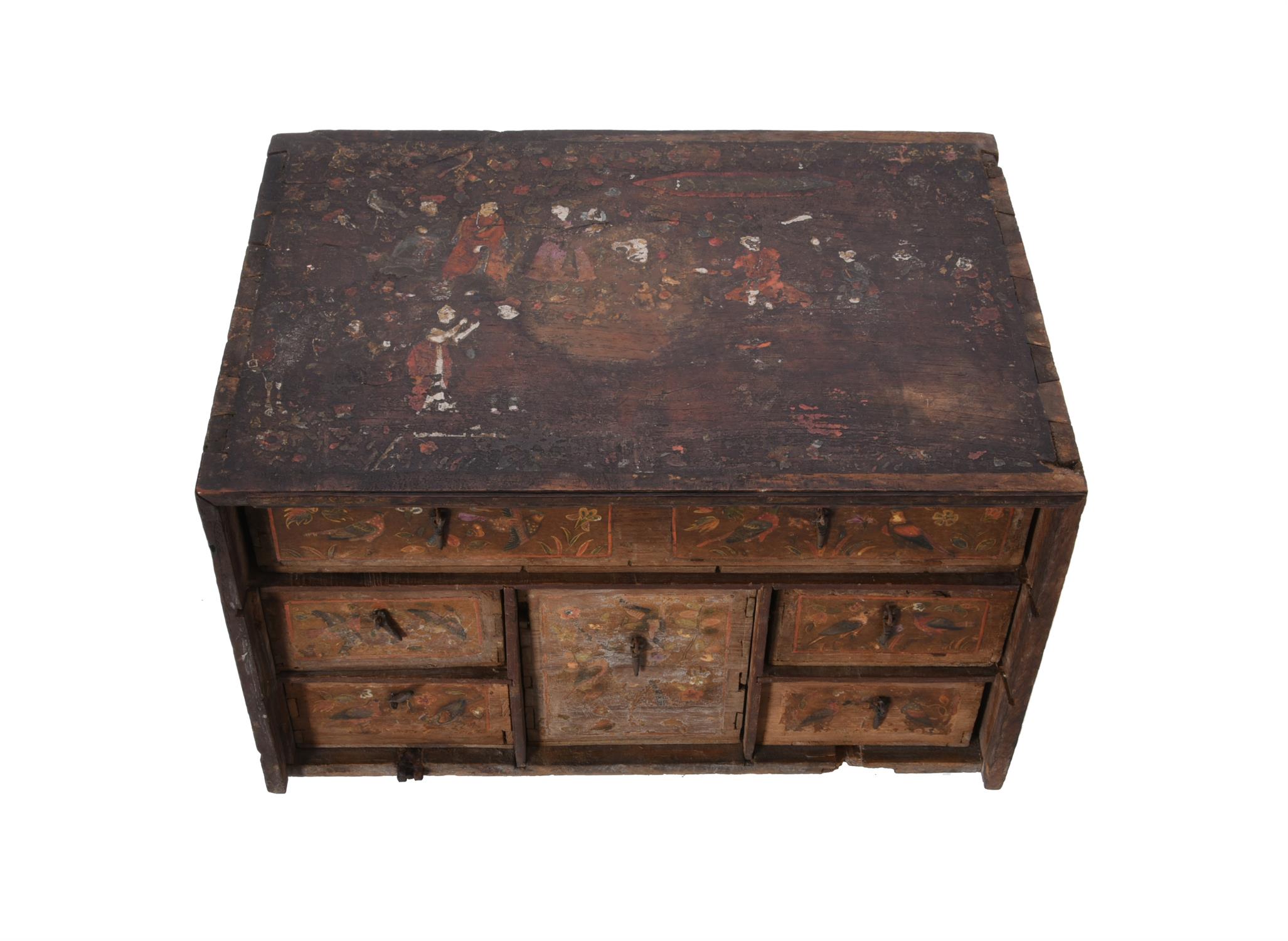 An Indo-Portuguese painted hardwood and metal mounted table top casket - Image 4 of 8