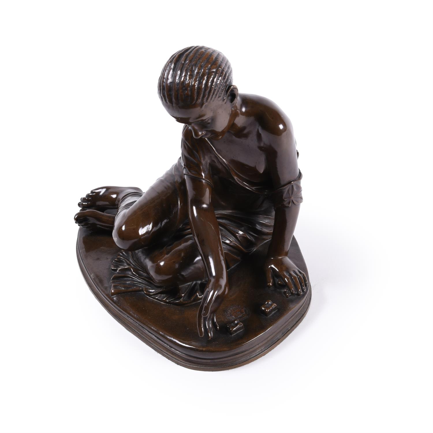 A French patinated bronze model of a young girl playing with marbles, Ferdinand Barbedienne - Image 5 of 9