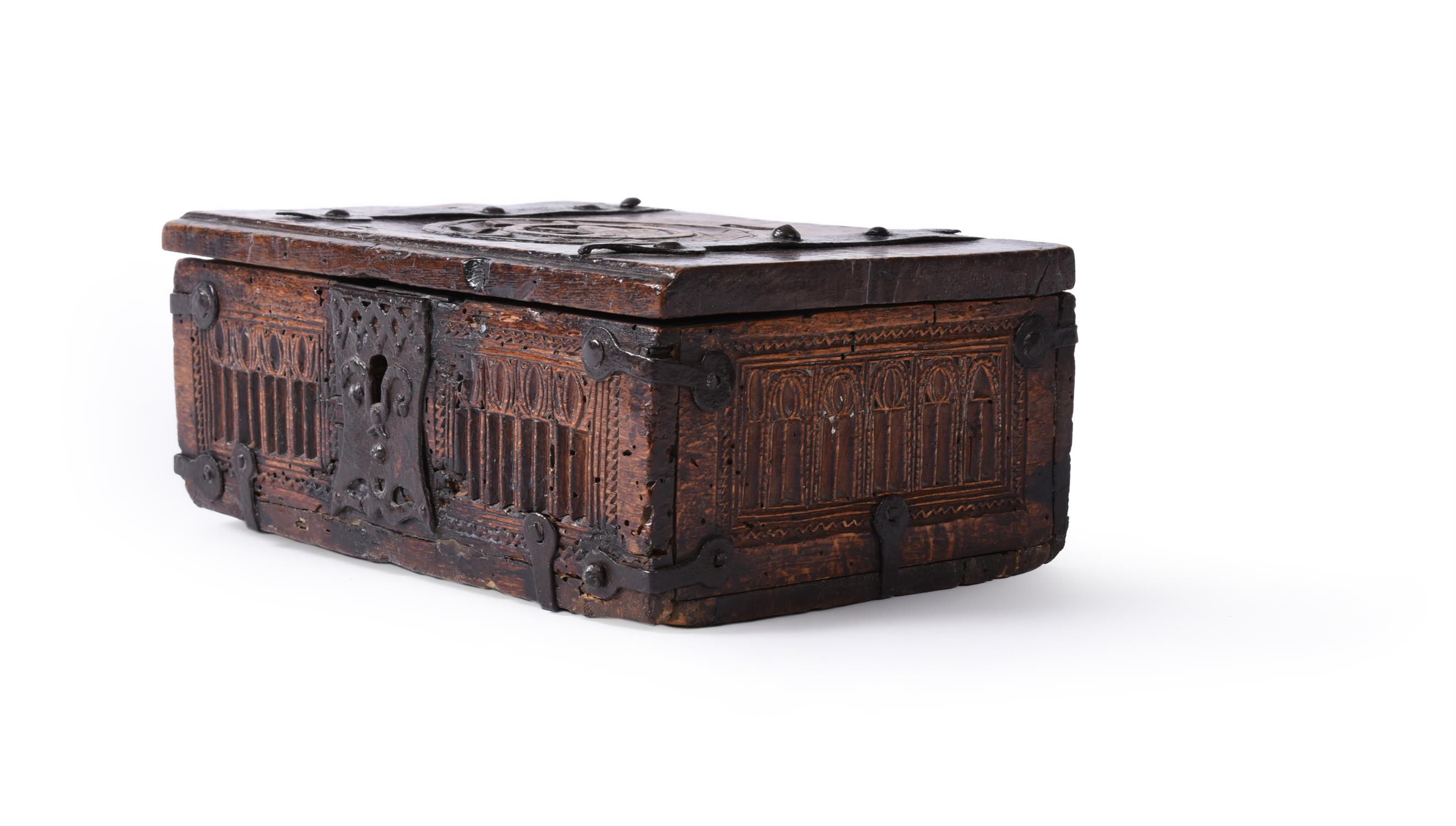 A North European carved oak and wrought iron bound offertory or alms box, 17th century - Image 7 of 10