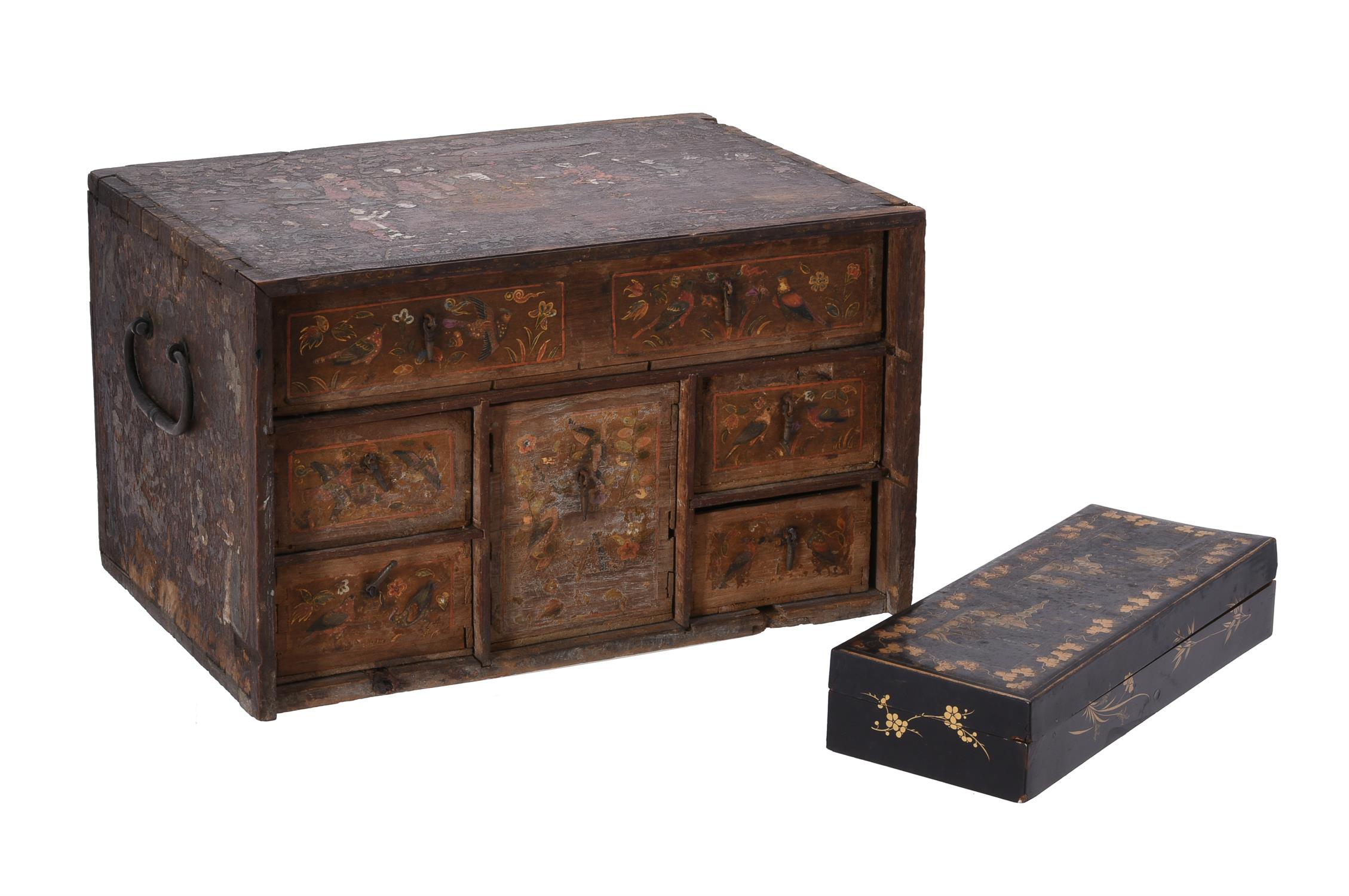 An Indo-Portuguese painted hardwood and metal mounted table top casket - Image 2 of 8