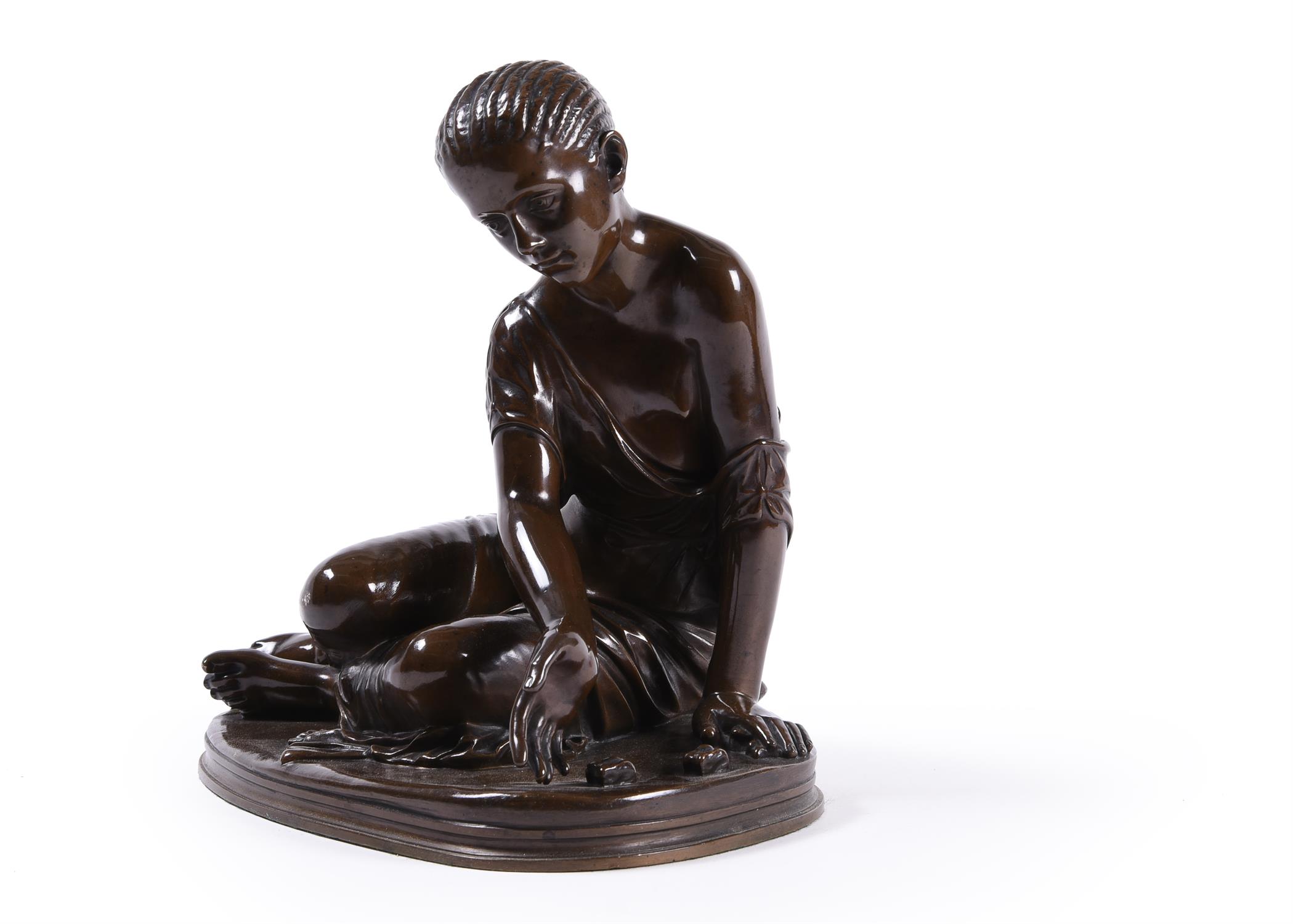 A French patinated bronze model of a young girl playing with marbles, Ferdinand Barbedienne - Image 4 of 9