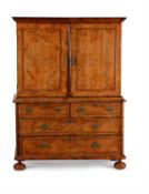 A George I mulberry, tulipwood crossbanded and brass inlaid cabinet on chest