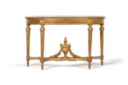 A Louis XVI giltwood and marble topped demi lune console table