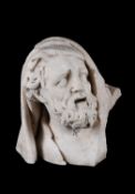 A North Italian sculpted white marble bust of the philosopher Heraclitus, early 18th century