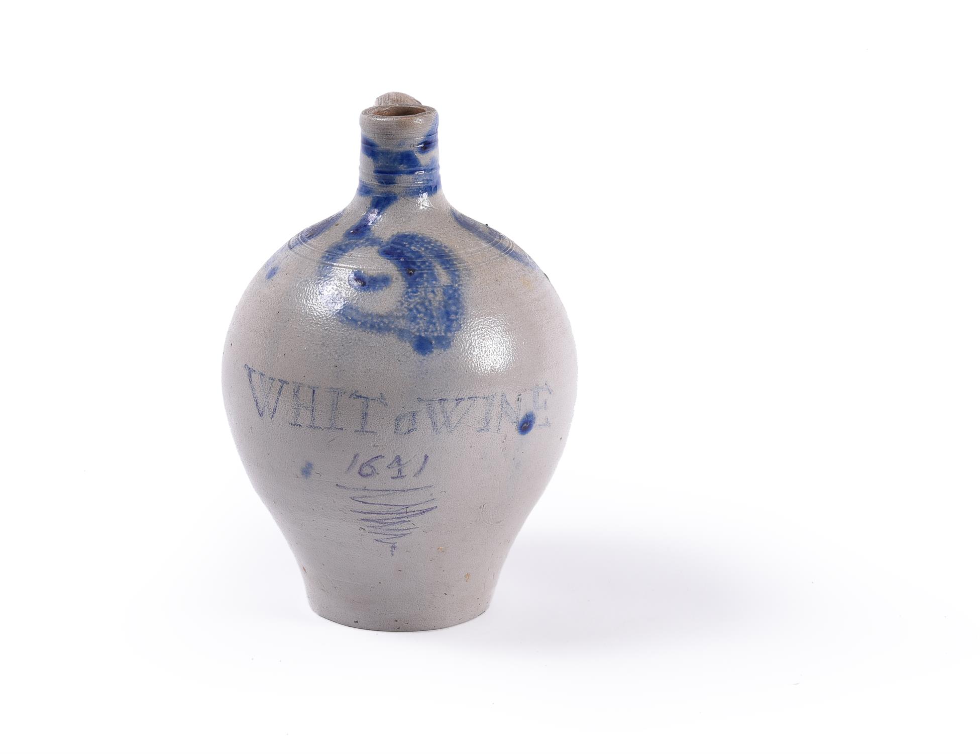 A dated Rhenish stoneware wine bottle of Westerwald type, seventeenth century