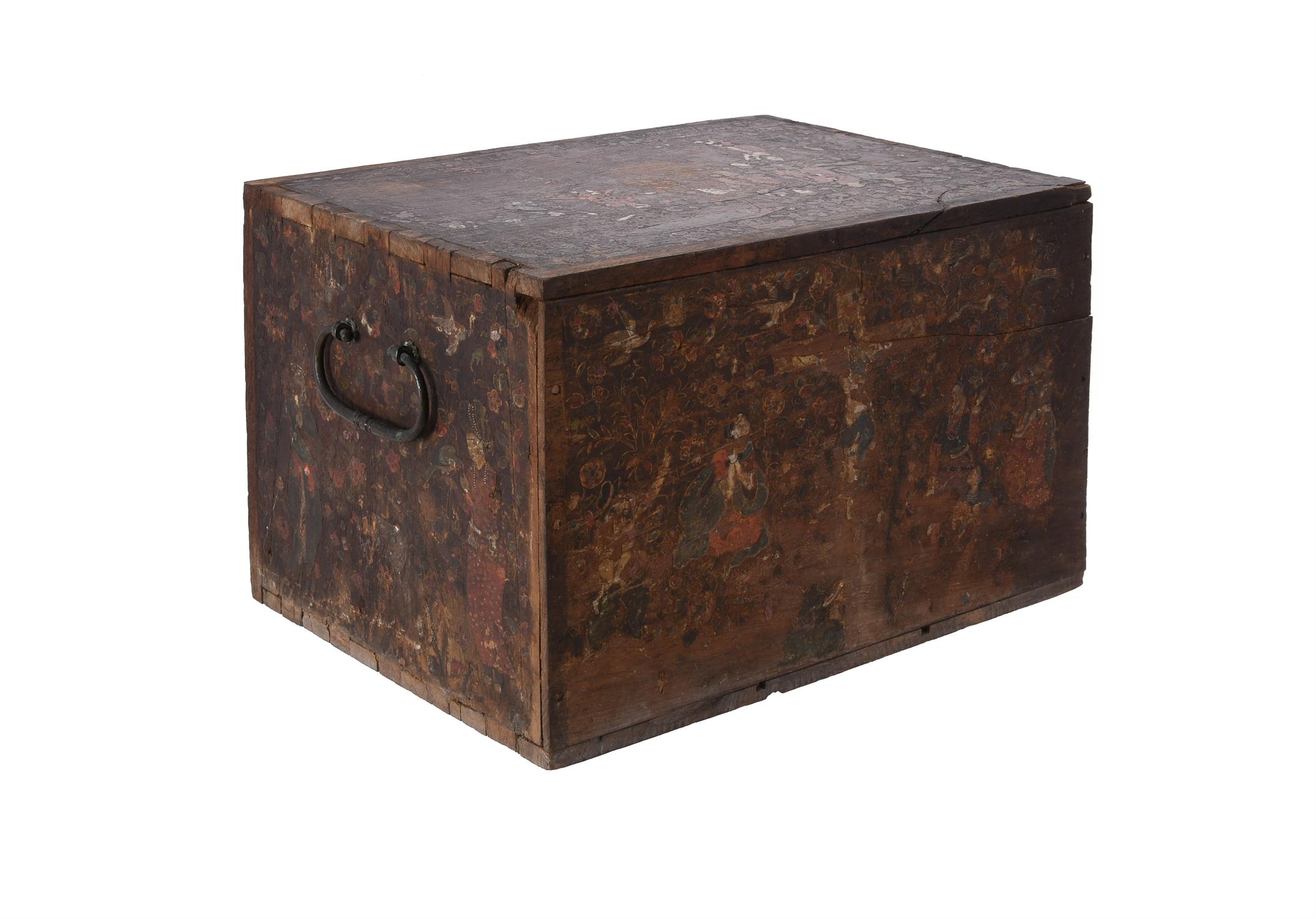 An Indo-Portuguese painted hardwood and metal mounted table top casket - Image 5 of 8