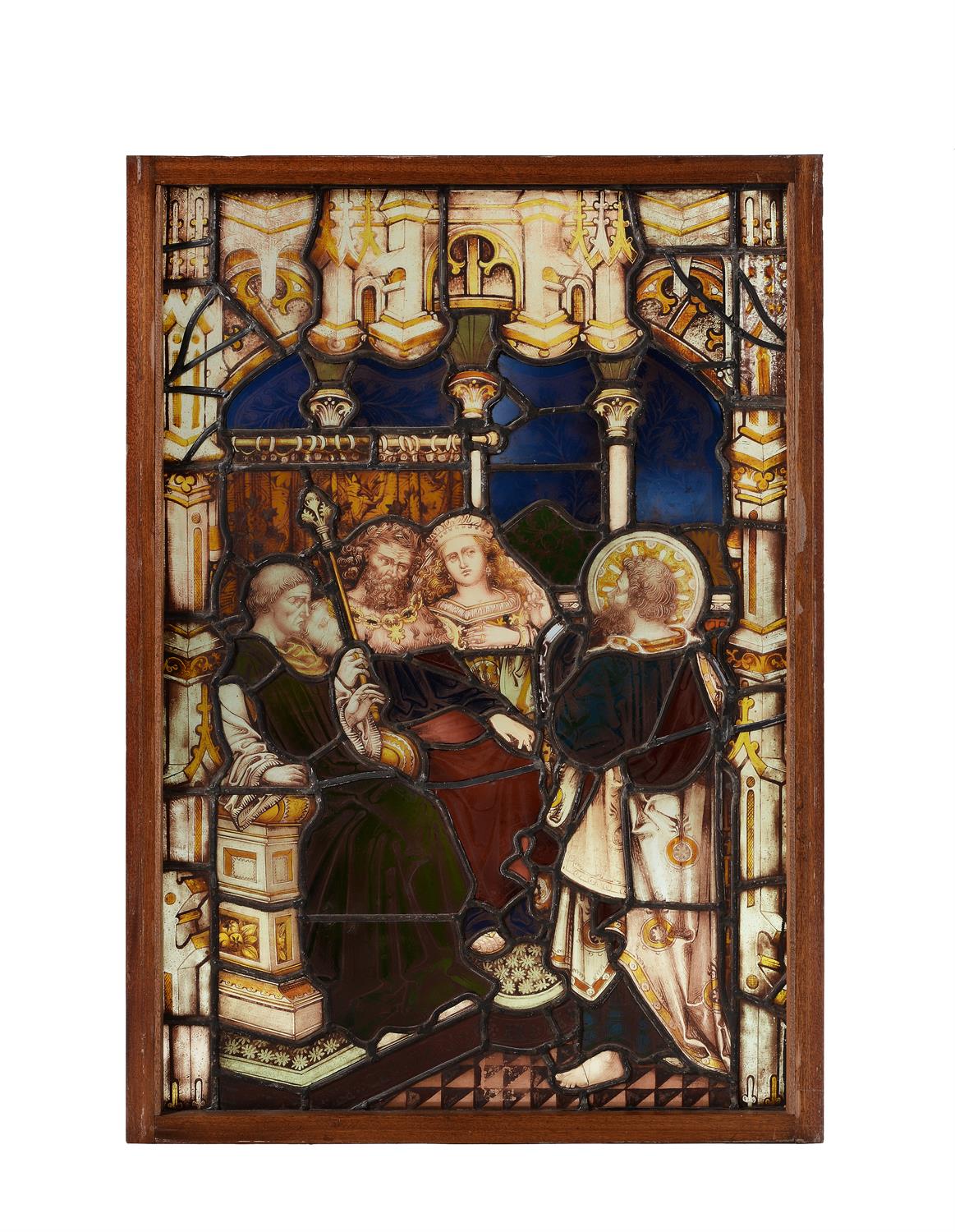 A Biblical stained glass panel, St Paul before Porcius Festus