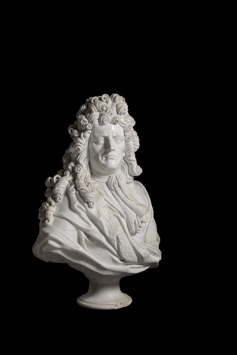A sculpted white marble bust of Edouard Colbert, after Martin Desjardins (Franco-Dutch, 1637-1694)