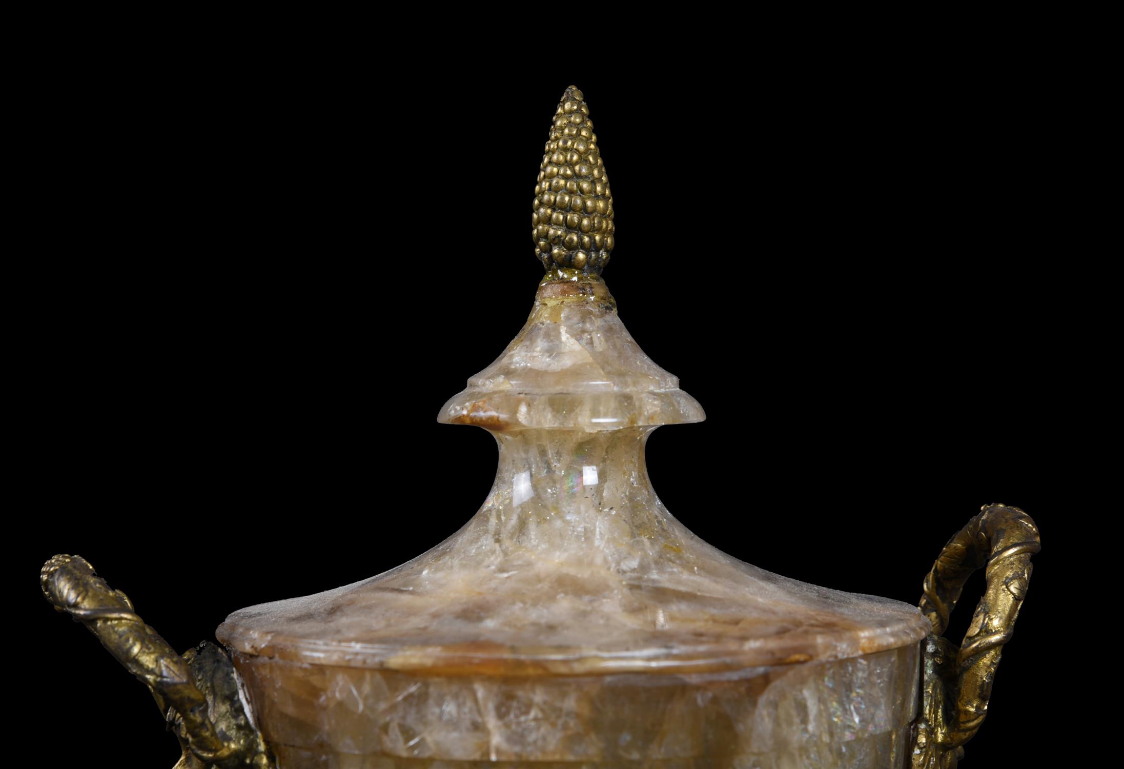 A pair of unusual fluorspar, Blue John and gilt metal mounted ornamental urns, 19th century - Image 3 of 4