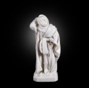 A French sculpted white marble statue of a Pleurant or Mourner