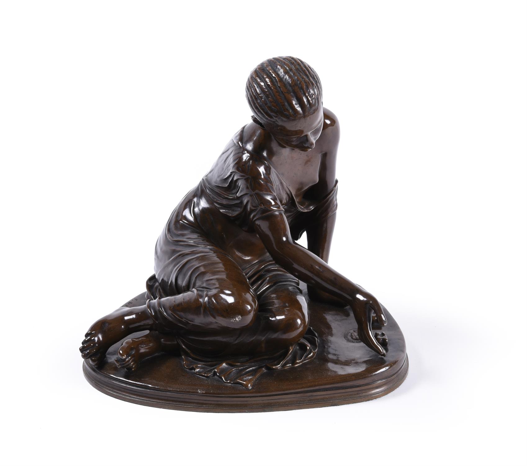 A French patinated bronze model of a young girl playing with marbles, Ferdinand Barbedienne - Image 8 of 9