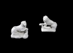 A pair of Bow white porcelain models of a lion and lioness