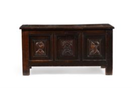 A panelled oak chest or coffer, probably first half 17th century