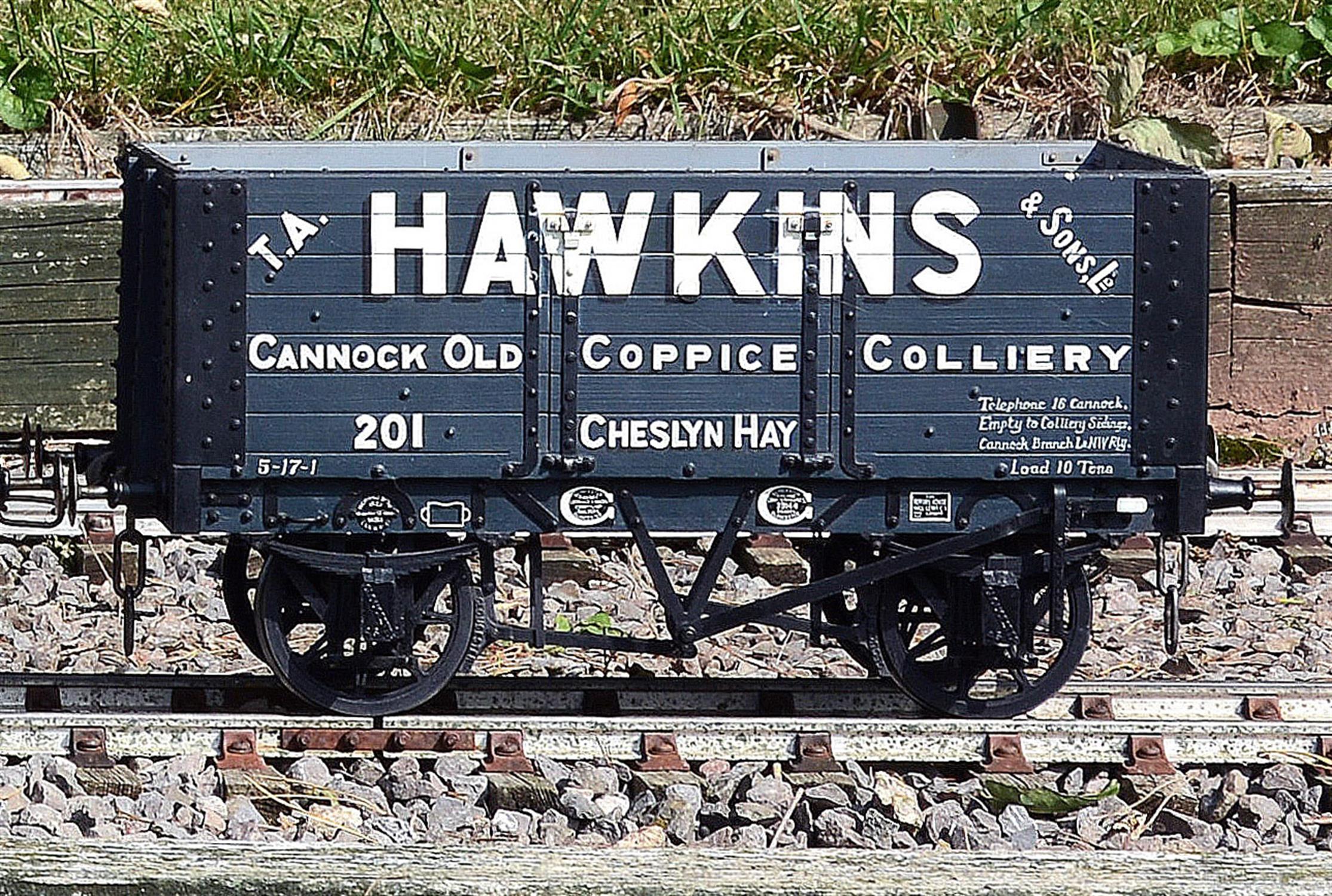 A 5 inch gauge private owners seven plank coal wagon built by Bath Wagon Works